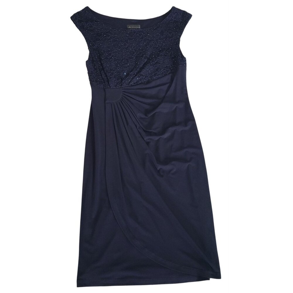 Navy Sequence Eyelash Faux Wrap Cocktail Dress Lace Bodice Sheath Dress Size 10P